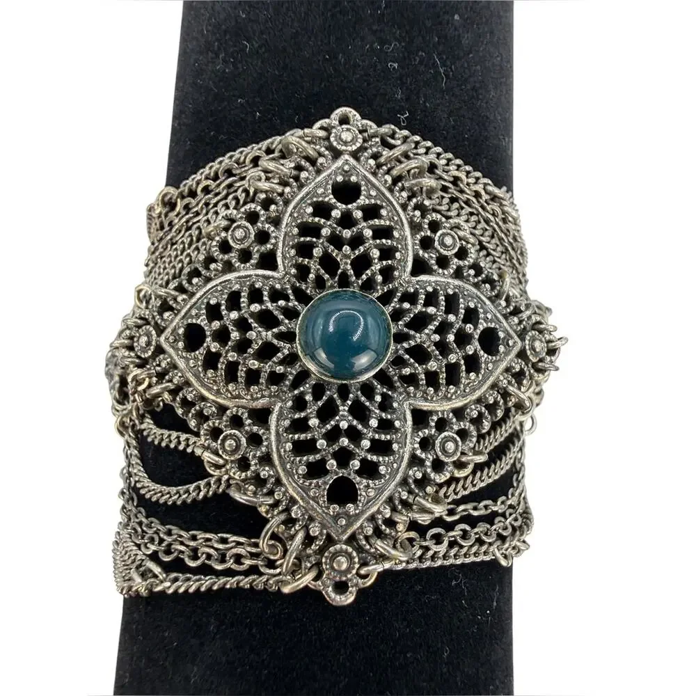 Lucky Brand Vintage Silver Filigree Flower Cuff Bracelet with Teal Cabochon